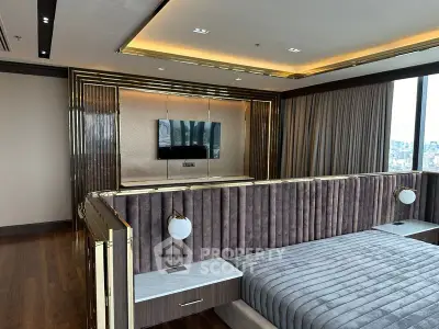 Luxurious modern bedroom with elegant decor and panoramic city view, featuring plush bedding and stylish lighting.