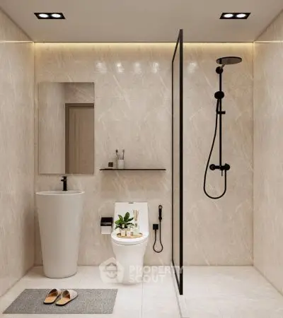Modern minimalist bathroom with sleek fixtures and elegant lighting