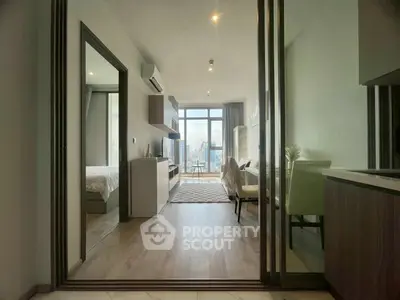 Modern apartment interior with open layout and city view