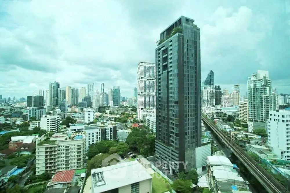 Stunning cityscape view featuring a modern high-rise building in a bustling urban environment.