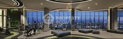 Luxurious high-rise gym with panoramic city views and modern fitness equipment.