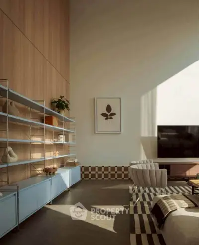 Modern living room with high ceilings, stylish shelving, and large TV, bathed in natural light.
