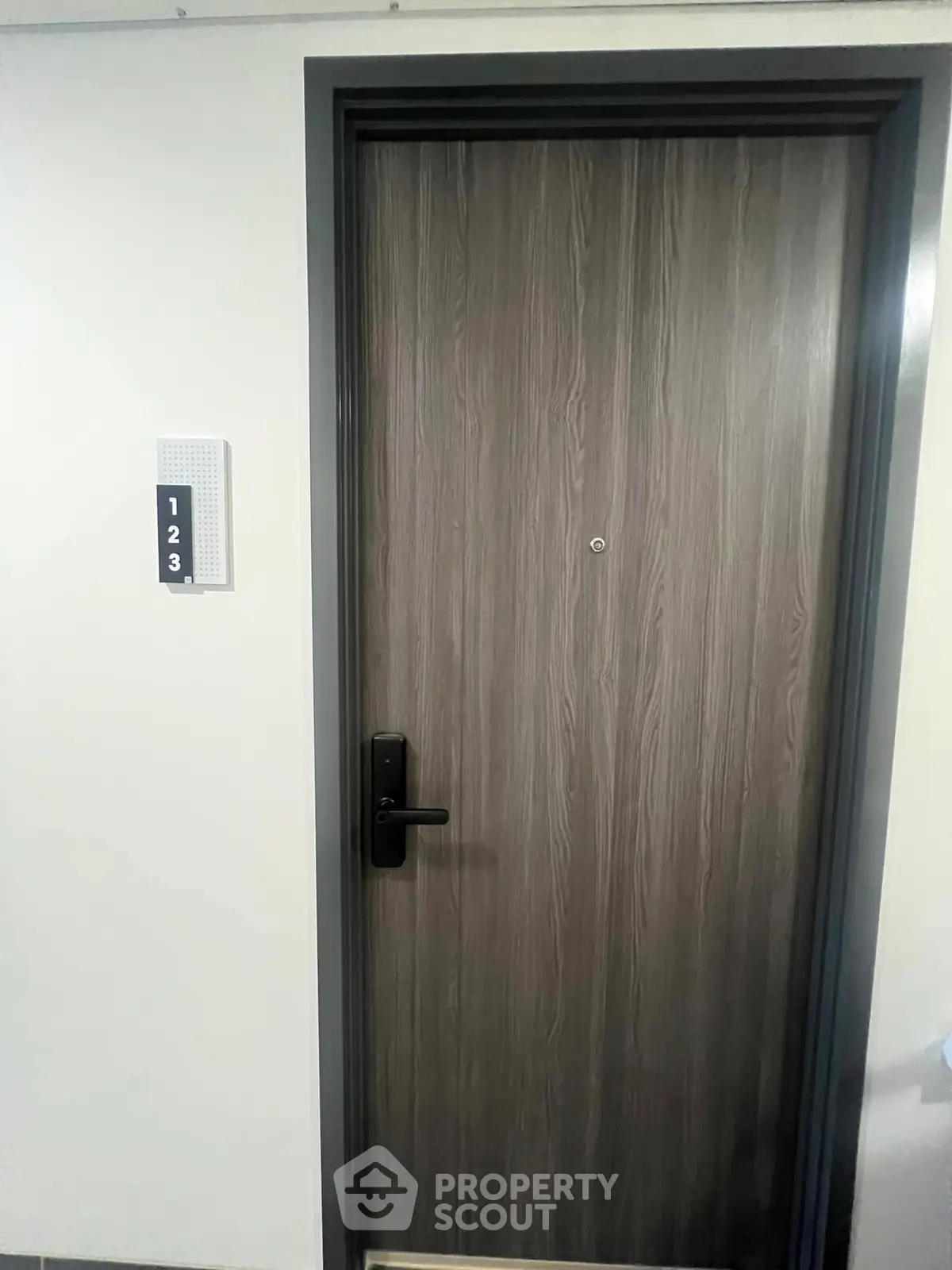 Modern apartment door with sleek design and room number 123, ideal for urban living.