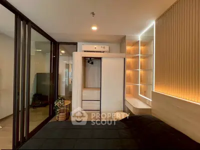 Modern bedroom with sleek design and built-in storage solutions