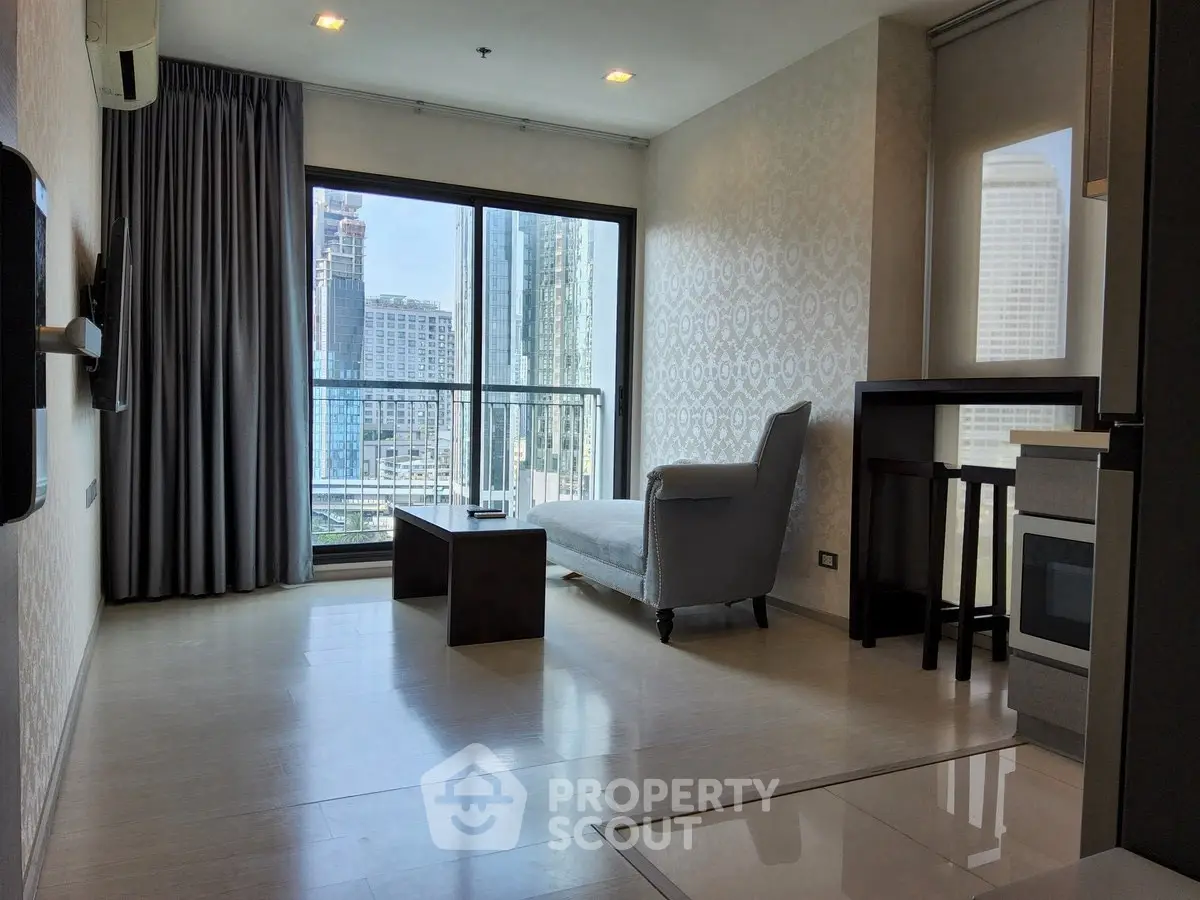 Modern living room with city view and stylish furniture in high-rise apartment