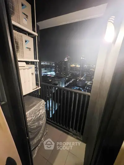Stunning night city view from a cozy balcony with modern lighting.