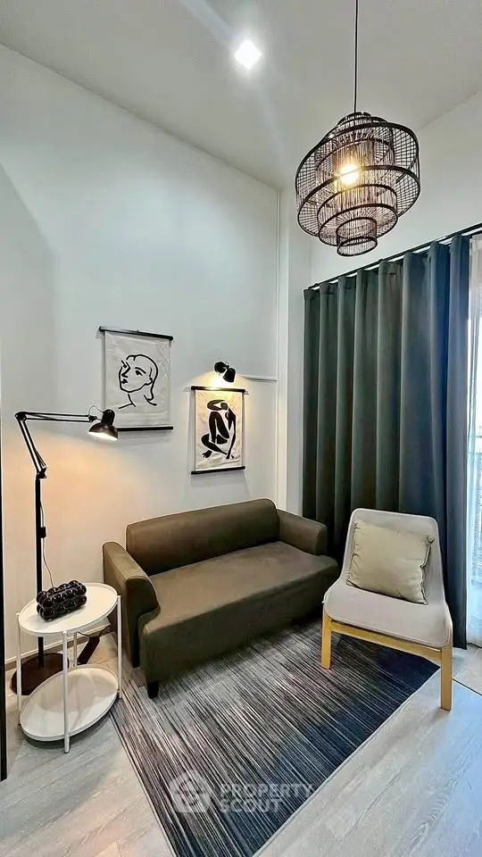 Stylish modern living room with chic decor and cozy seating area.