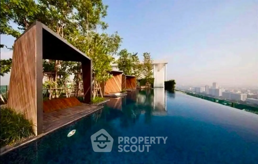 Luxurious rooftop infinity pool with stunning city skyline view, perfect for relaxation and leisure.