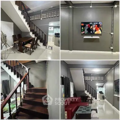 Modern interior with staircase, dining area, and living room featuring sleek design and contemporary furnishings.