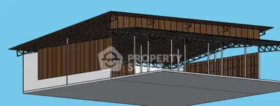 Modern architectural rendering of a spacious industrial warehouse with steel framework and wooden paneling.