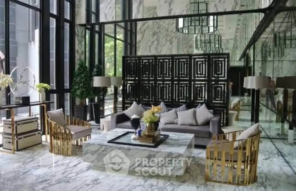 Luxurious modern living room with marble floors and elegant decor