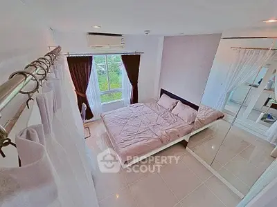 Modern bedroom with large window and mirrored wardrobe, featuring elegant curtains and sleek tile flooring.