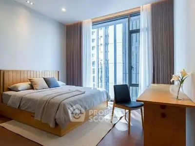 Modern bedroom with large window and stylish wooden furniture in a high-rise apartment.