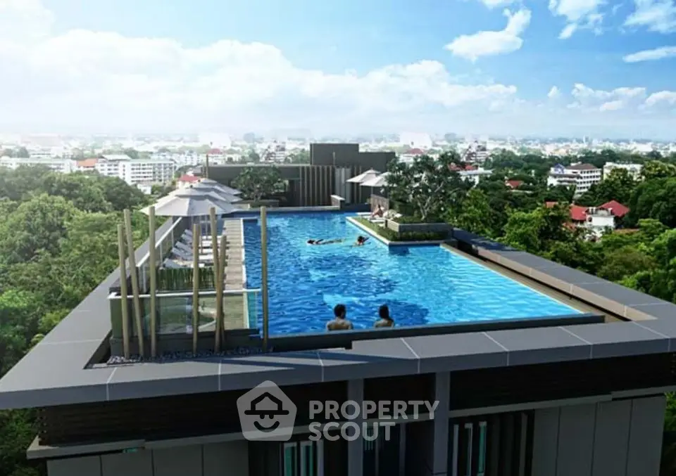 Luxurious rooftop pool with stunning city views and lush greenery