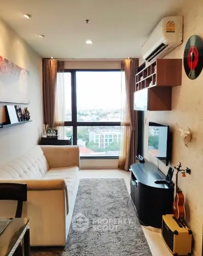 Stylish living room with modern decor and large window view