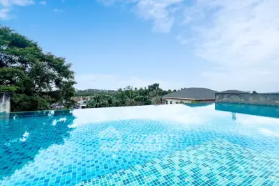 Stunning infinity pool with panoramic views of lush greenery and blue skies.
