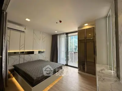 Modern bedroom with balcony and stylish decor in urban apartment