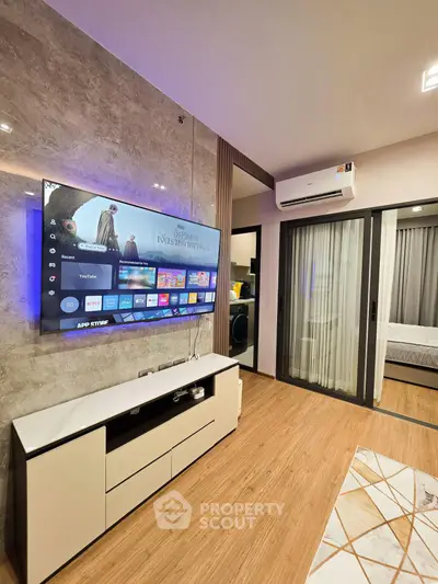 Modern living room with wall-mounted TV and sleek design