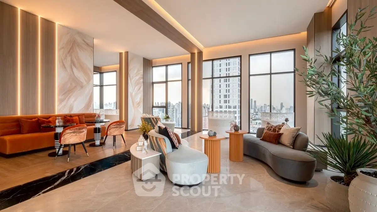 Luxurious modern living room with panoramic city views and elegant decor.