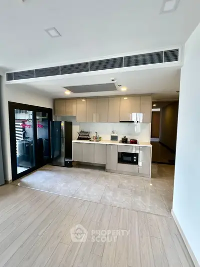 Modern kitchen with sleek cabinets and built-in appliances in open layout