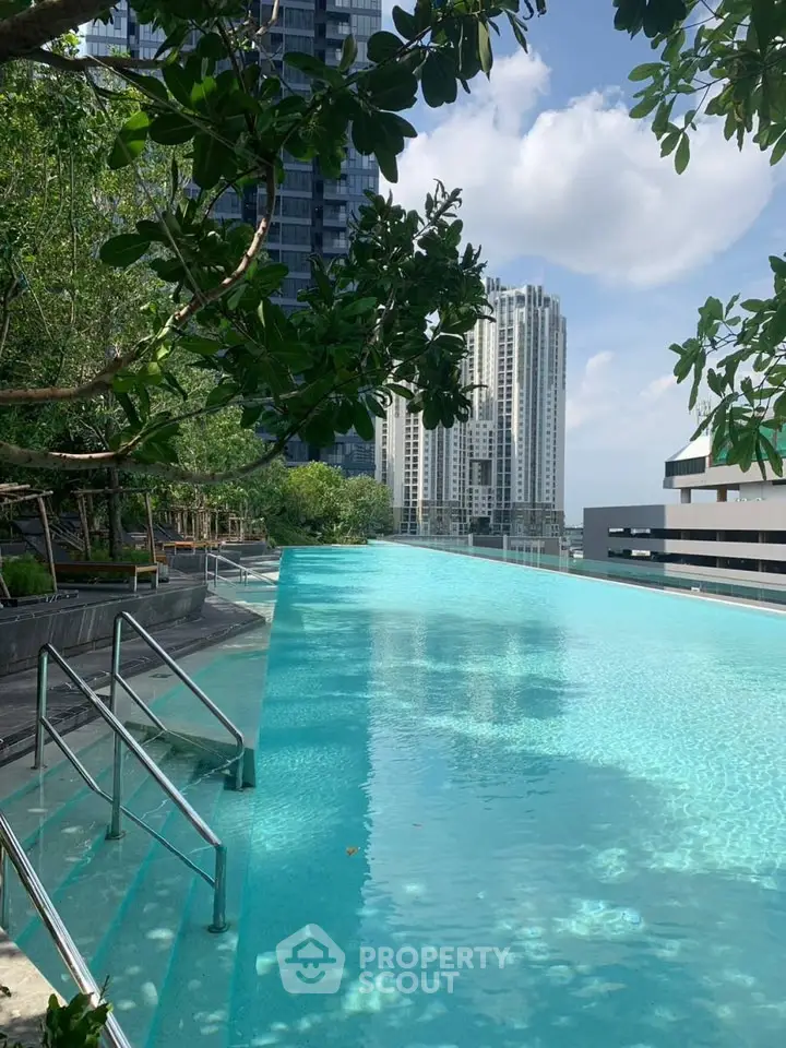 Luxurious rooftop infinity pool with stunning city skyline views and lush greenery.