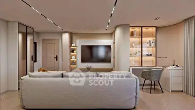 Luxurious modern living room with sleek design and integrated workspace, perfect for stylish urban living.