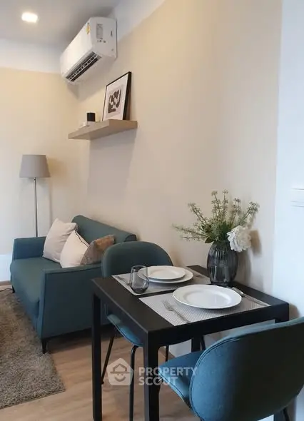 Cozy modern living room with stylish decor and dining area