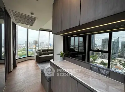 Modern living room with panoramic city view and sleek interior design