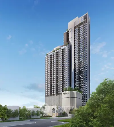 Stunning modern high-rise building with sleek architecture and lush greenery, offering luxurious urban living.