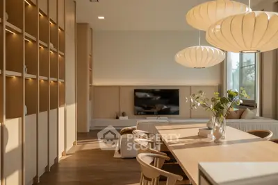 Modern living room with elegant wooden furniture and stylish lighting, perfect for contemporary living.