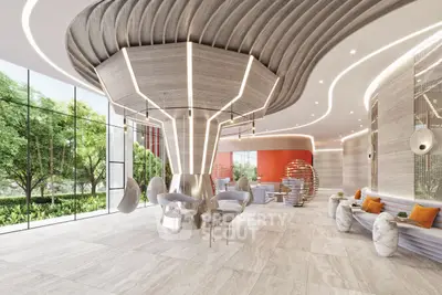 Luxurious modern lobby with unique architectural design and elegant seating area.