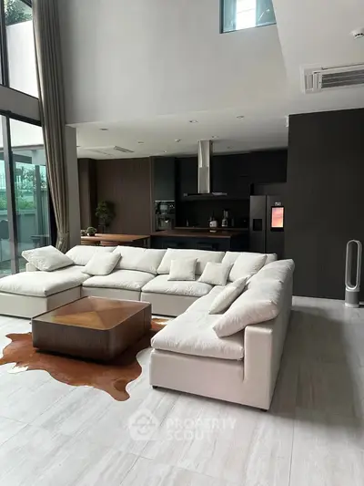 Luxurious modern living room with spacious seating and open kitchen layout.