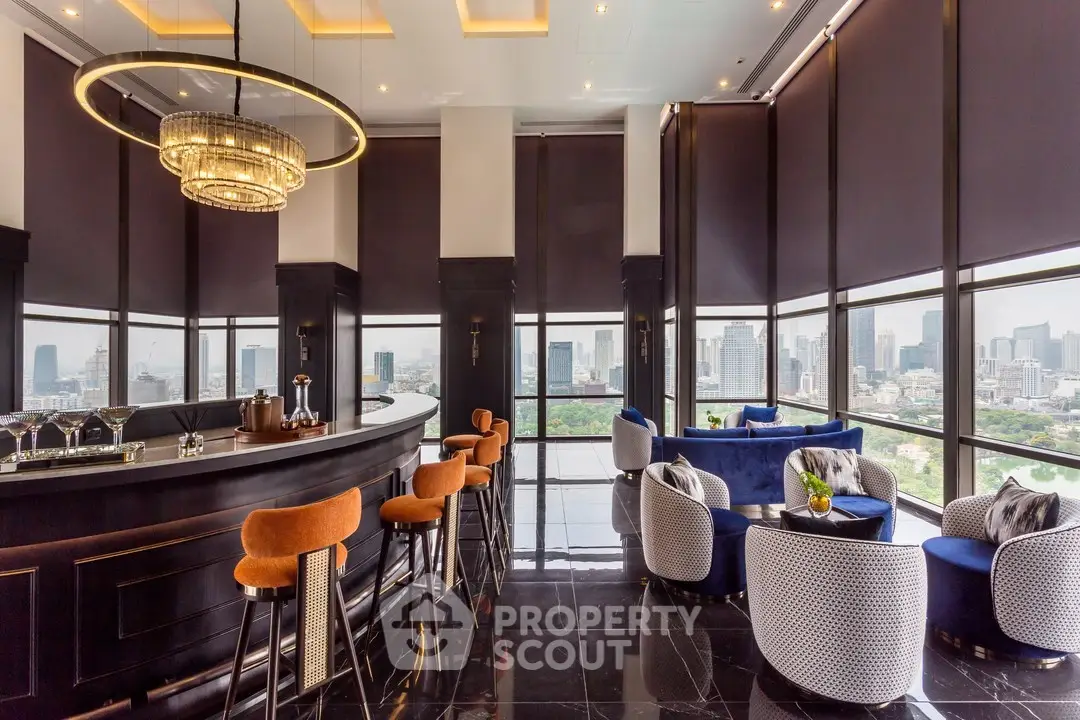 Luxurious high-rise lounge with panoramic city views and elegant seating.
