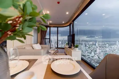 Luxurious high-rise living room with panoramic city views and elegant decor.