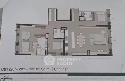 Spacious 135.85 sqm unit plan with modern layout and multiple bedrooms.