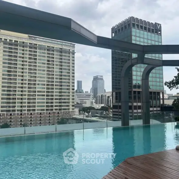 Stunning rooftop pool with city skyline views in modern urban setting.