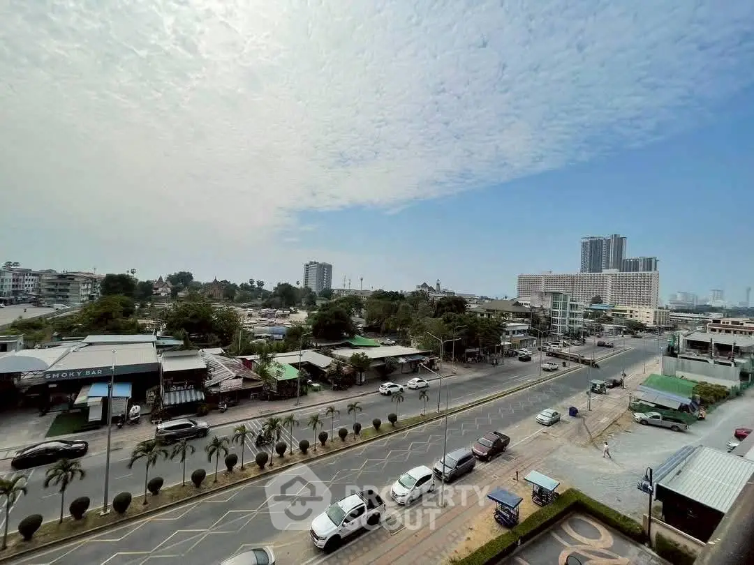 Stunning cityscape view from a high-rise building with clear skies and urban surroundings.