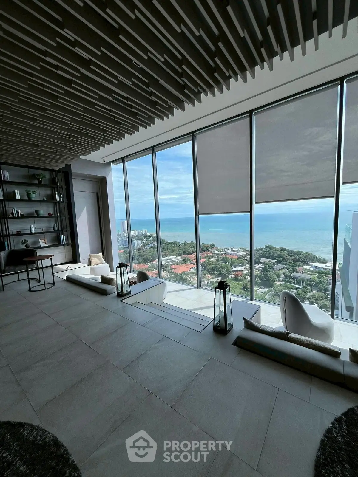 Luxurious living room with panoramic ocean view and modern decor