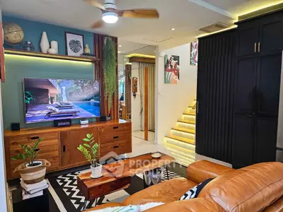 Stylish living room with modern decor, wooden furniture, and ambient lighting
