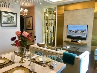 Luxurious living room with elegant dining area and modern decor
