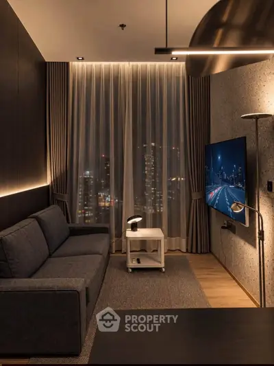 Modern living room with city view, featuring sleek furniture and ambient lighting.