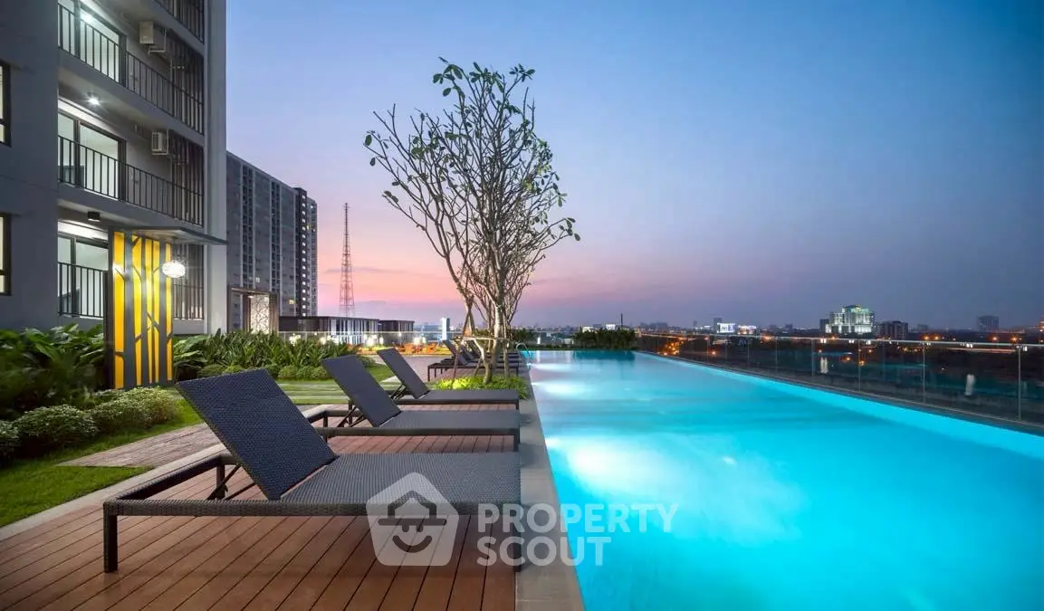 Luxurious rooftop pool with stunning city view at sunset, perfect for relaxation and leisure.