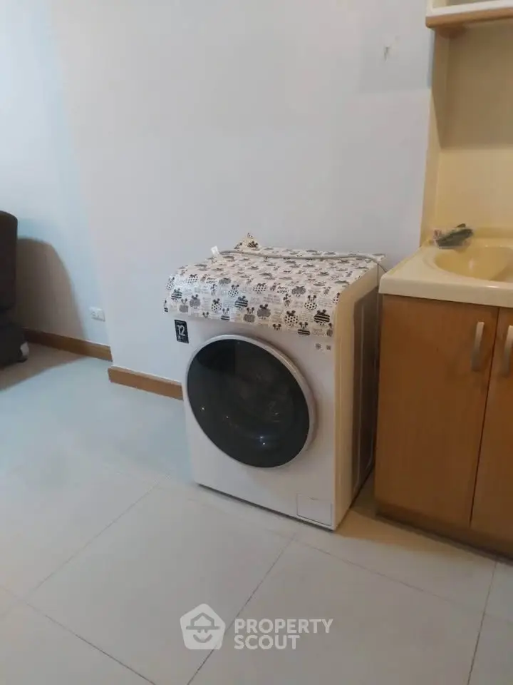 Modern laundry area with washing machine and sink in cozy apartment.