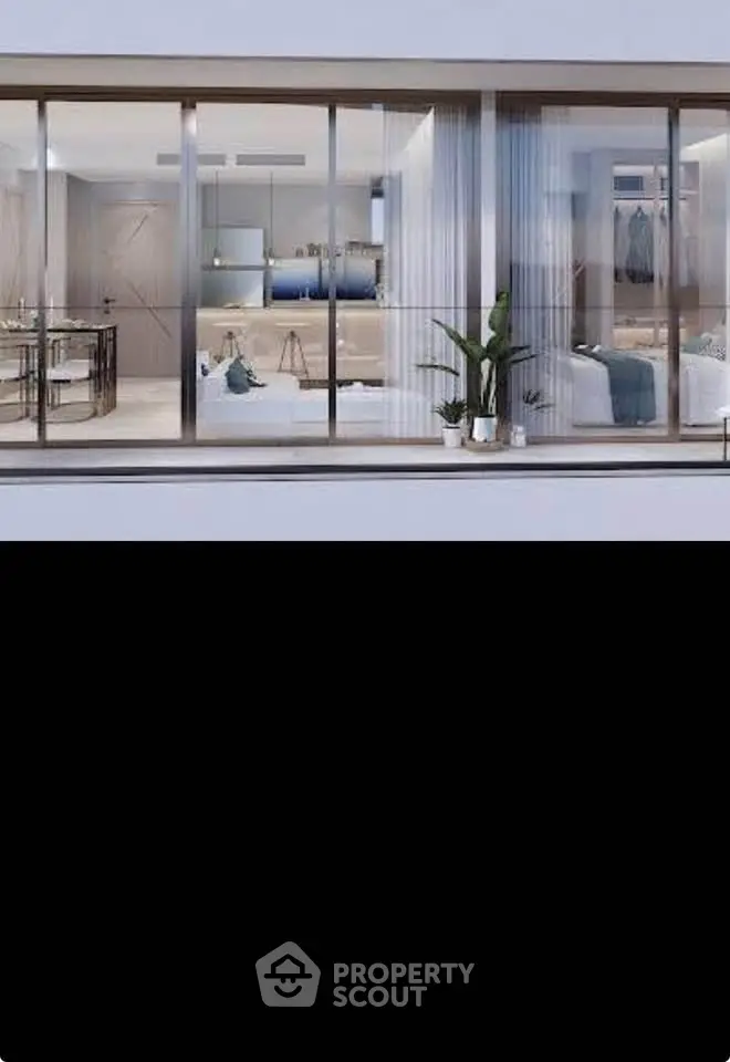 Luxurious modern apartment with floor-to-ceiling windows and elegant interior design.