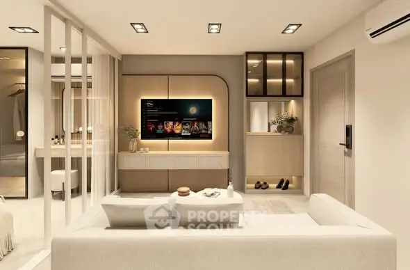 Modern living room with sleek design and ambient lighting, featuring a wall-mounted TV and stylish furniture.