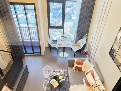 Modern living room with high ceiling and city view, featuring cozy seating and elegant decor.