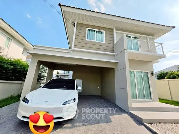 Modern two-story house with attached garage and sleek car in driveway