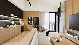 Modern open-plan living room with sleek kitchen and stylish decor