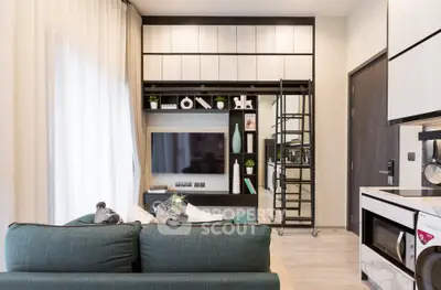 Modern living room with stylish shelving and cozy seating area