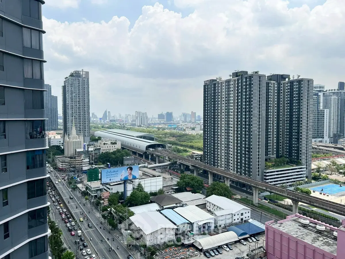 Stunning cityscape view from high-rise building with modern architecture and bustling urban life.
